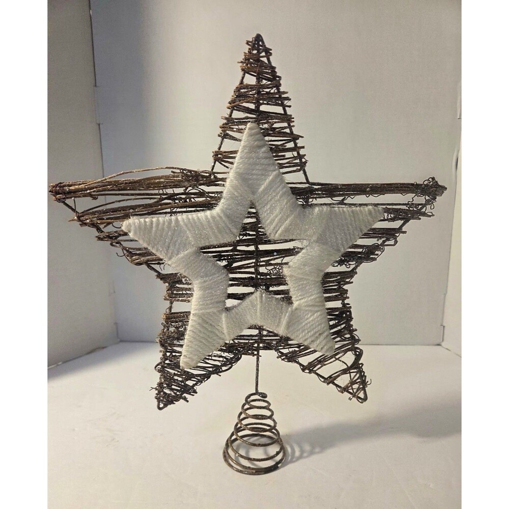 Wire Star Christmas Tree Topper w/ Spring Base, Brown/White, 13 in